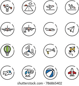 line vector icon set - traffic controller vector, runway, departure, arrival, plane, boarding passengers, small, paper fly, air balloon, wind mill, dryer, kite, toy, helicopter, beach ball