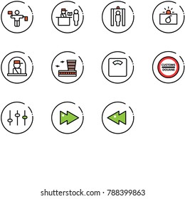line vector icon set - traffic controller vector, passport control, metal detector gate, terrorism, officer window, airport building, floor scales, customs road sign, settings, fast forward
