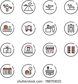 line vector icon set - traffic controller vector, runway, departure, arrival, baggage, passport control, metal detector gate, terrorism, officer window, duty free, plane seats, schedule, scales