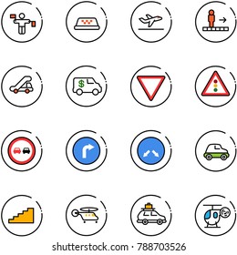 line vector icon set - traffic controller vector, taxi, departure, travolator, trap truck, encashment car, giving way road sign, light, no overtake, only right, detour, stairs, helicopter, baggage