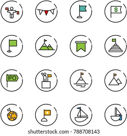 line vector icon set - traffic controller vector, flag garland, dollar, attainment, pyramid, ipo, win, mountain, moon, sailboat toy