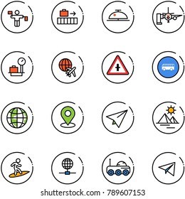line vector icon set - traffic controller vector, baggage, client bell, boarding passengers, scales, plane globe, intersection road sign, bus, map pin, paper, pyramid, surfing, moon rover