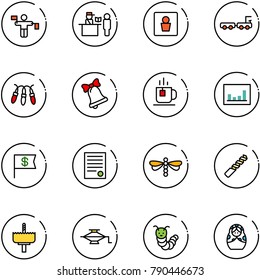 line vector icon set - traffic controller vector, passport control, male wc, baggage truck, garland, bell, tea, statistics, dollar flag, agreement, dragonfly, drill, crown, jack, toy caterpillar
