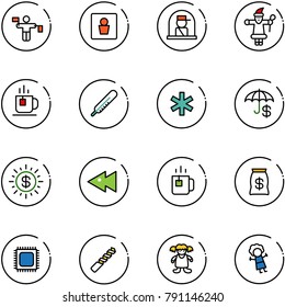 line vector icon set - traffic controller vector, male wc, officer window, santa claus, tea, thermometer, ambulance star, insurance, dollar sun, fast backward, green, money bag, cpu, drill, doll