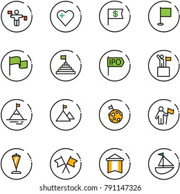 line vector icon set - traffic controller vector, heart, dollar flag, pyramid, ipo, win, mountain, moon, pennant, flags cross, sailboat toy
