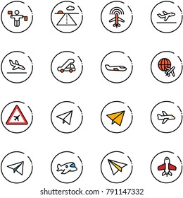 line vector icon set - traffic controller vector, runway, plane radar, departure, arrival, trap truck, small, globe, airport road sign, paper fly, toy