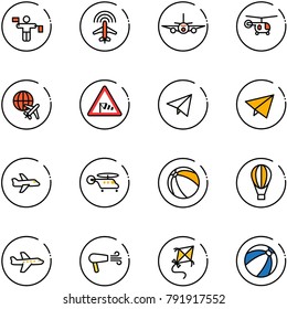 line vector icon set - traffic controller vector, plane radar, helicopter, globe, side wind road sign, paper fly, ball, air balloon, dryer, kite, beach