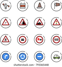 line vector icon set - traffic controller vector, sign post, road cone, side wind, turn right, landslide, steep descent, light, narrows, no car, truck overtake, customs, only, circle