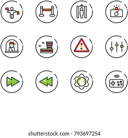line vector icon set - traffic controller vector, vip zone, metal detector gate, terrorism, officer window, airport building, light road sign, settings, fast forward, backward, gear globe