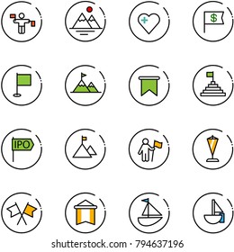 line vector icon set - traffic controller vector, mountains, heart, dollar flag, attainment, pyramid, ipo, mountain, win, pennant, flags cross, sailboat toy
