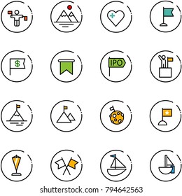 line vector icon set - traffic controller vector, mountains, heart, flag, dollar, ipo, win, mountain, moon, pennant, flags cross, sailboat toy