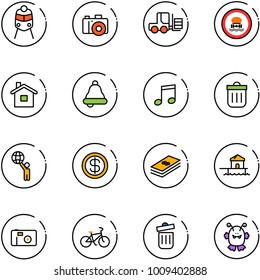 line vector icon set - train vector, camera, fork loader, no dangerous cargo road sign, home, bell, music, trash bin, world, dollar, bungalow, photo, bike, toy monster