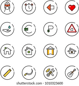 line vector icon set - train vector, alarm clock, left arrow, heart, drop hand, euro, ruble, round motion road sign, home, pennant, ruler, sickle, wrench hammer, guitar