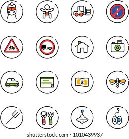 line vector icon set - train vector, baby, fork loader, no parkin odd, road for moto sign, trailer, home, camera, car, schedule, money, dragonfly, farm, shovel toy, wirligig, yoyo