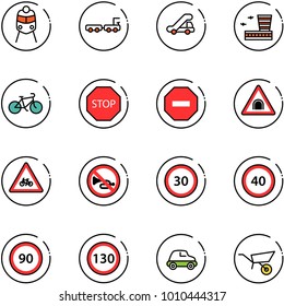 line vector icon set - train vector, baggage truck, trap, airport building, bike, stop road sign, no way, tunnel, for moto, horn, speed limit 30, 40, 90, 130, car, wheelbarrow