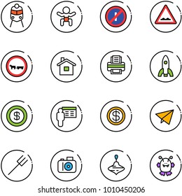 line vector icon set - train vector, baby, no parkin odd, rough road sign, cart horse, home, printer, rocket, dollar, presentation, paper fly, farm fork, camera, wirligig toy, monster