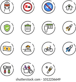 line vector icon set - train vector, no truck overtake road sign, end minimal speed limit, home, shield check, trash bin, presentation, rocket, money, bungalow, bike, shovel fork toy, bucket