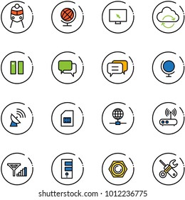 line vector icon set - train vector, globe, monitor cursor, refresh cloud, pause, dialog, satellite antenna, sim, wi fi router, fine signal, server, nut, wrench screwdriver