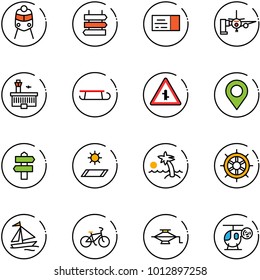 line vector icon set - train vector, sign post, ticket, boarding passengers, airport building, sleigh, intersection road, map pin, signpost, mat, palm, hand wheel, sail boat, bike, jack