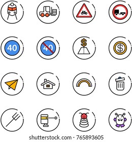 line vector icon set - train vector, fork loader, road for moto sign, no trailer, minimal speed limit, end, dollar, paper fly, home, rainbow, trash bin, farm, laser lever, pyramid toy, monster