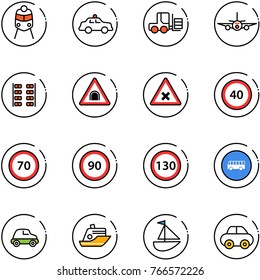 line vector icon set - train vector, safety car, fork loader, plane, seats, tunnel road sign, railway intersection, speed limit 40, 70, 90, 130, bus, cruiser, sailboat toy
