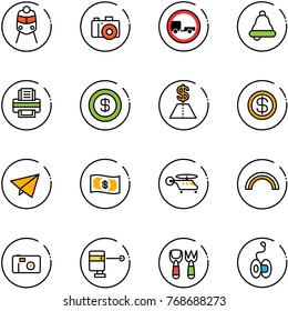 line vector icon set - train vector, camera, no trailer road sign, bell, printer, dollar, paper fly, money, helicopter, rainbow, photo, laser lever, shovel fork toy, yoyo