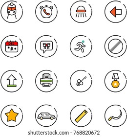 line vector icon set - train vector, phone alarm, shower, left arrow, christmas calendar, bow message, run, no limit road sign, uplooad, printer, key, star medal, limousine, ruler, sickle