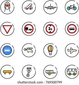 line vector icon set - train vector, trap truck, plane, bike, giving way road sign, no trailer, limited height, bus, helicopter, air balloon, skateboard, piston, toy
