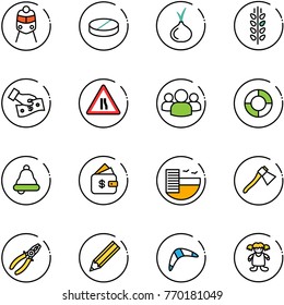 line vector icon set - train vector, pill, onion, spica, cash pay, Road narrows sign, group, lifebuoy, bell, finance management, hotel, axe, pliers, pencil, boomerang, doll