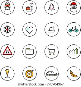line vector icon set - train vector, baggage scales, christmas tree, santa claus, snowflake, heart, treadmill, bike, Road narrows sign, folder, cart, arrows up, pennant, target, limousine, banana