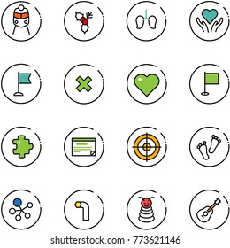 line vector icon set - train vector, holly, lungs, heart care, flag, delete cross, puzzle, schedule, target, feet, molecule, allen key, pyramid toy, guitar