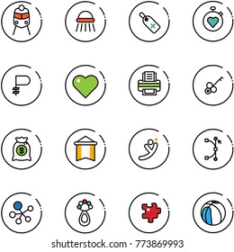 line vector icon set - train vector, shower, medical label, stopwatch heart, ruble, printer, key, money bag, pennant, flying man, bezier, molecule, beanbag, puzzle, basketball