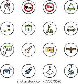 line vector icon set - train vector, no trailer road sign, truck overtake, bell, music, trash bin, rocket, car, presentation, money, dragonfly, wireless mail, wirligig toy, yoyo