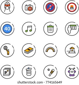 line vector icon set - train vector, camera, no parkin odd, dangerous cargo road sign, minimal speed limit, music, trash bin, presentation, world, dollar, rainbow, bungalow, photo, baseball bat