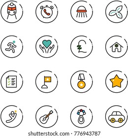 line vector icon set - train vector, phone alarm, shower, three leafs, run, heart care, pound, home, list, flag, star medal, flying man, guitar, beanbag, car