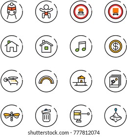 line vector icon set - train vector, baby, no dangerous cargo road sign, home, music, dollar, helicopter, rainbow, bungalow, photo, dragonfly, trash bin, laser lever, wirligig toy