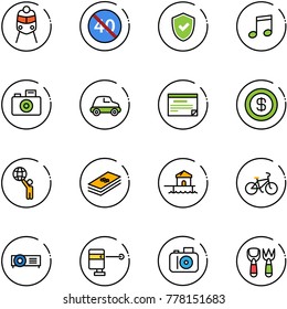 line vector icon set - train vector, end minimal speed limit road sign, shield check, music, camera, car, schedule, dollar, world, bungalow, bike, projector, laser lever, shovel fork toy