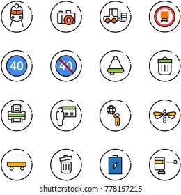 line vector icon set - train vector, camera, fork loader, no dangerous cargo road sign, minimal speed limit, end, bell, trash bin, printer, presentation, world, dragonfly, skateboard, battery