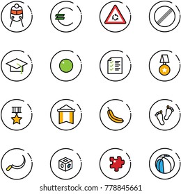 line vector icon set - train vector, euro, round motion road sign, no limit, graduate hat, record, list, star medal, pennant, banana, feet, sickle, cube toy, puzzle, basketball