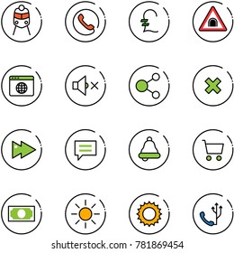 line vector icon set - train vector, phone, pound, tunnel road sign, browser globe, volume off, share, delete cross, fast forward, chat, bell, cart, money, sun