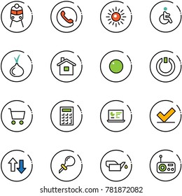 line vector icon set - train vector, phone, sun, disabled, onion, home, record, standby, cart, calculator, statistics monitor, check, up down arrows, oiler, radio