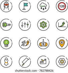 line vector icon set - train vector, flag, money rain, speed limit 120 road sign, key, settings, gear, growth arrow, idea, career, dollar, atm map pin, swimsuit, metal hacksaw, stapler