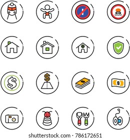 line vector icon set - train vector, baby, no parkin odd, dangerous cargo road sign, home, shield check, dollar, money, photo, pyramid toy, shovel fork, yoyo