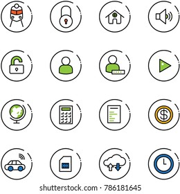 line vector icon set - train vector, lock, home, volume medium, unlocked, user, password, play, globe, calculator, document, dollar, car wireless, sim, cloud exchange data, clock