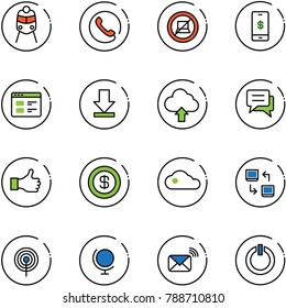 line vector icon set - train vector, phone, no computer sign, mobile payment, website, download, upload cloud, chat, like, dollar, data exchange, antenna, globe, wireless mail, standby button