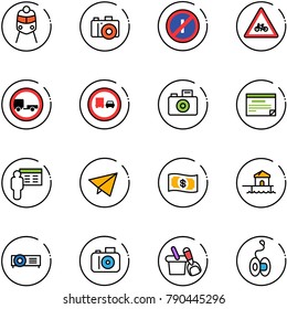 line vector icon set - train vector, camera, no parking odd, road for motor sign, trailer, truck overtake, schedule, presentation, paper fly, money, bungalow, projector, shovel bucket, yoyo