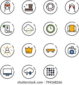 line vector icon set - train vector, airport building, christmas wreath, wine glasses, account history, refresh cloud, time, doors, star man, crown, skateboard, camera, monitor, exchange data