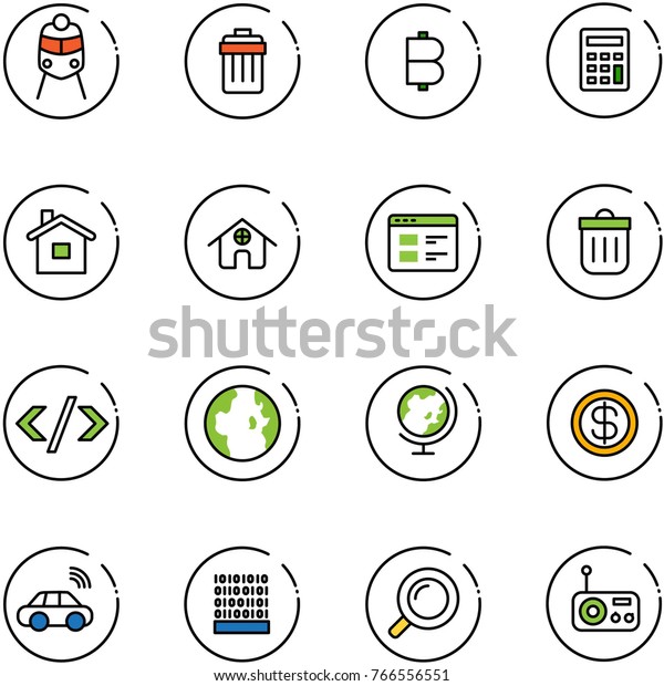 line vector icon set - train vector,\
trash bin, bitcoin, calculator, home, website, tag code, globe,\
dollar, car wireless, binary, magnifier,\
radio