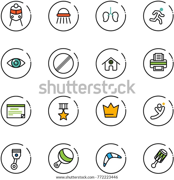 line vector icon set - train\
vector, shower, lungs, run, eye, no limit road sign, home, printer,\
schedule, star medal, crown, flying man, piston, beanbag,\
boomerang