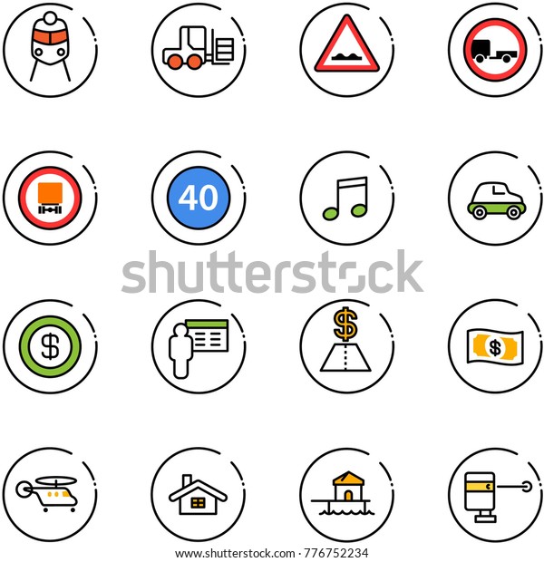 line vector icon set - train vector, fork loader,\
rough road sign, no trailer, dangerous cargo, minimal speed limit,\
music, car, dollar, presentation, money, helicopter, home,\
bungalow, laser lever